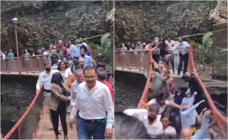 Puente colgante colapsa y deja lesionados en Cuernavaca, entre ellos el alcalde de Morelos.